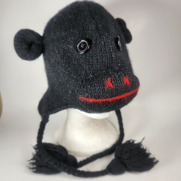 Handmade Accessories - HANDMADE Adult Monkey Beanie Black 100% Wool Ski Hat Ear Flaps Tassels